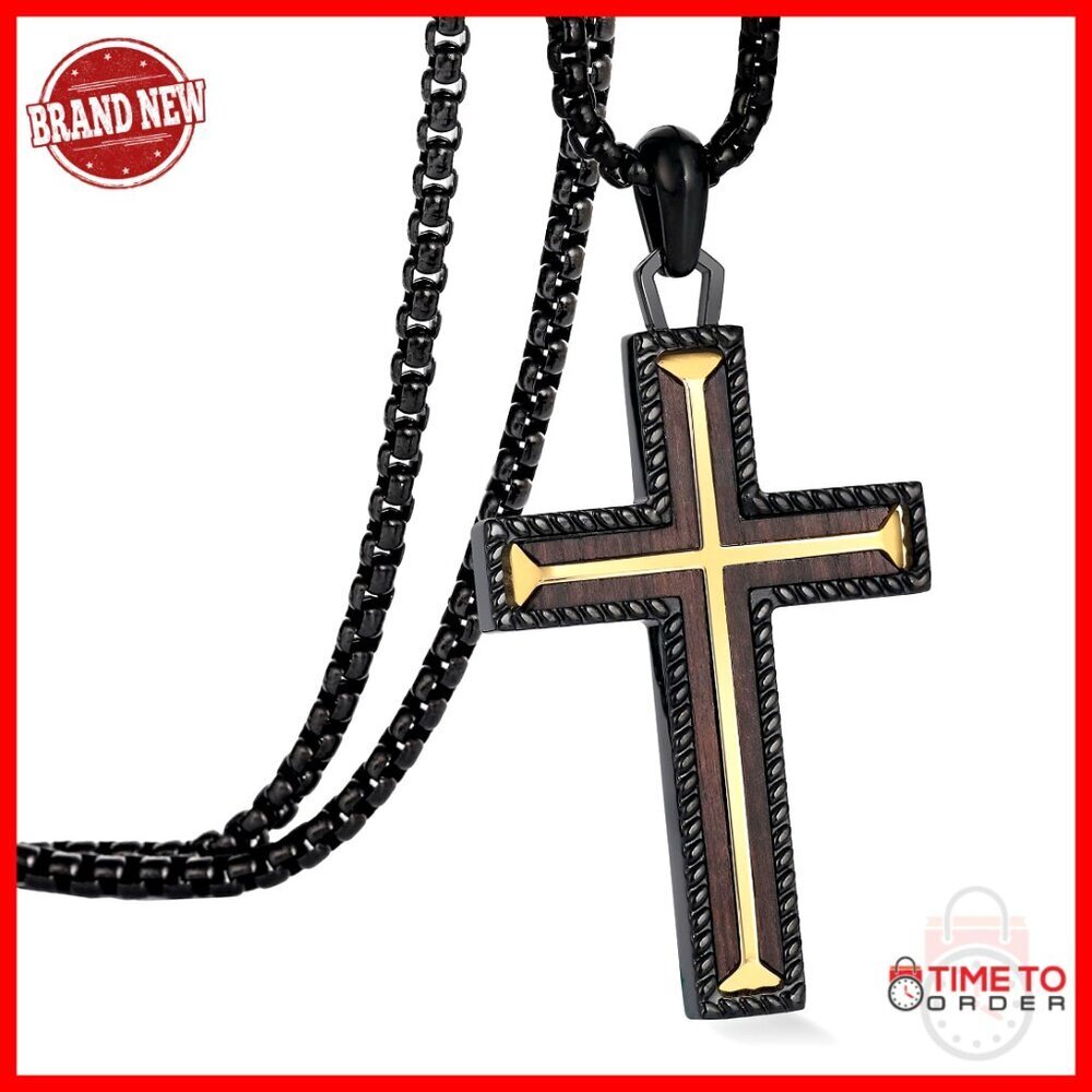 Men's Wooden Cross Necklace Stainless Steel Adjustable Chain 24-26in